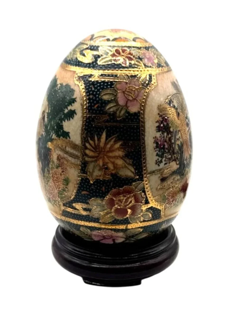Vintage Satsuma Hand Painted Porcelain Egg Peacock & Floral Gilded 5